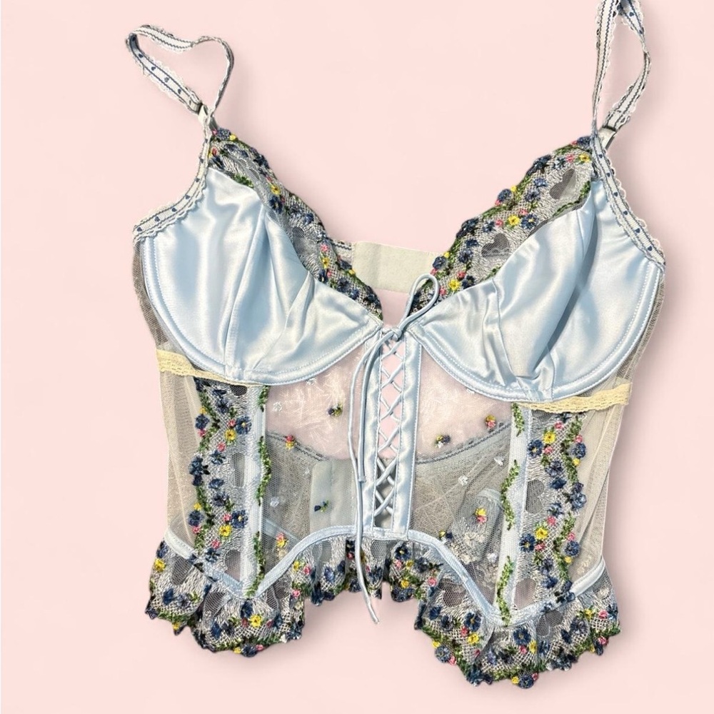 For love &lemons Elegant Lace Trimmed Blue and Cream Bustier